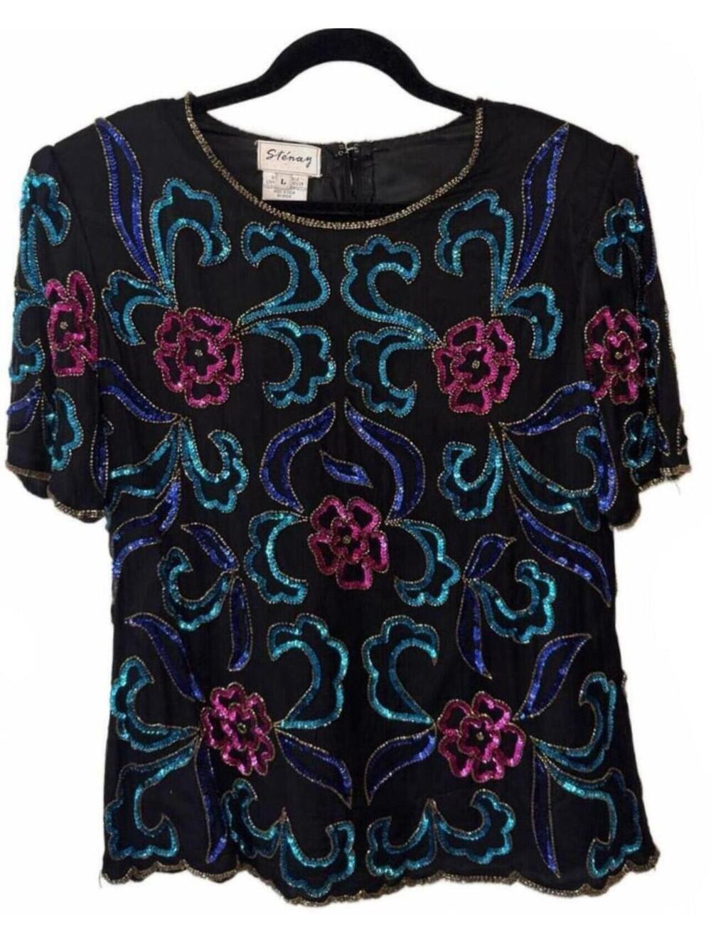 VINTAGE STENAY | 80s Black Silk Sequin Beaded Top | Floral Scrollwork | Size L